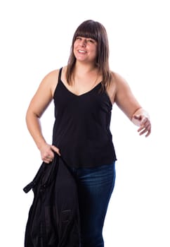 Forty something woman taking off her motocycle jacket