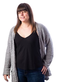Portrait of a forty something woman, wearing casual clothes, with a smile, isolated against a white background