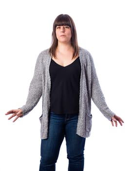Forty something woman, wearing casual clothes, trying to keep her balance