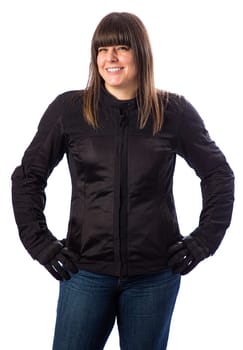 Forty something woman wearing motocycle clothing, against a white background