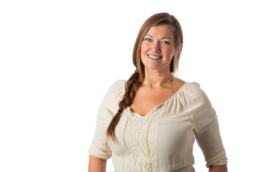 Portrait of a forty something woman, wearing casual clothes, isolated against a white background