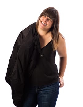 Forty something woman, wearing casual clothes, with her jacket over her shoulder