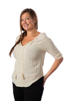 Portrait of a forty something woman, with relax braid, with bohemian style shirt, against a white background
