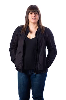 Forty something woman wearing a black motocycle coat against a white background