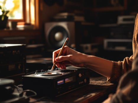 Close-up of a sound engineer's hand carefully rewinding an old reel-to-reel tape recorder using a pencil, in a vintage recording studio. Ai generated