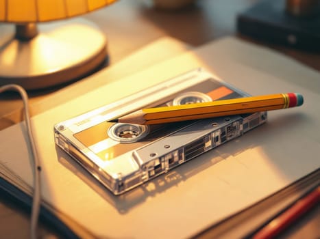 Rewinding an old compact audio cassette with a pencil brings back nostalgic memories of mixtapes and analog music. Ai generated
