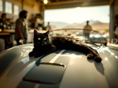 Black cat lying on a vintage convertible sports car in a tuning garage or workshop with mechanics in the background. Ai generated