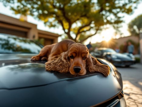 Adorable Cocker Spaniel dog relaxing on the hood of a luxury car, enjoying the golden hour ambiance. Ai generated