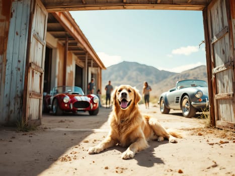 Golden retriever resting on the ground in a vintage car garage with mechanics working on classic cars. Ai generated