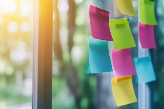 A vibrant scene showcasing a creative workspace with colorful sticky notes on a glass board, symbolizing teamwork and collaboration in a natural light setting.