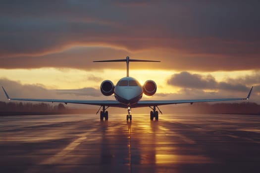 A striking image of a jet plane preparing for takeoff at sunrise, representing new beginnings and adventures. The runway reflects stunning colors of dawn, creating a serene and exciting atmosphere.