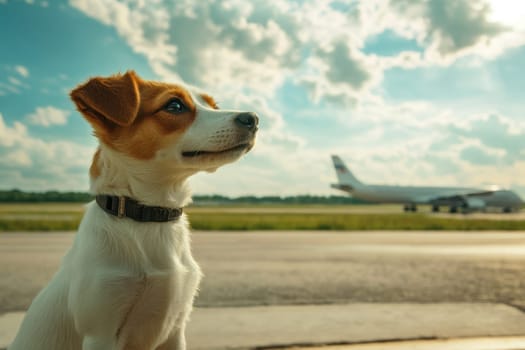 A cute happy dog standing near a plane, basking under a bright sky filled with fluffy clouds, capturing the essence of joy and adventure. Perfect for travel themes.