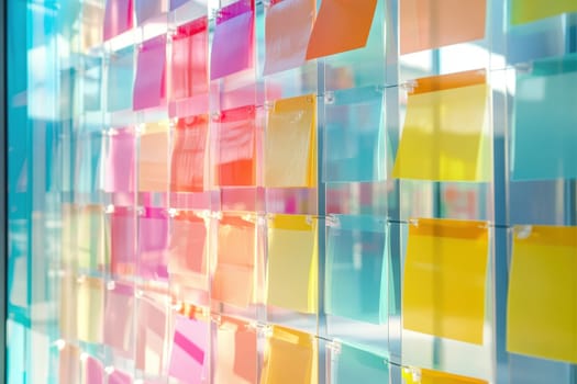 A vibrant display of colorful sticky notes on a glass wall, symbolizing teamwork and collaboration in a modern office environment, ideal for creative brainstorming sessions.