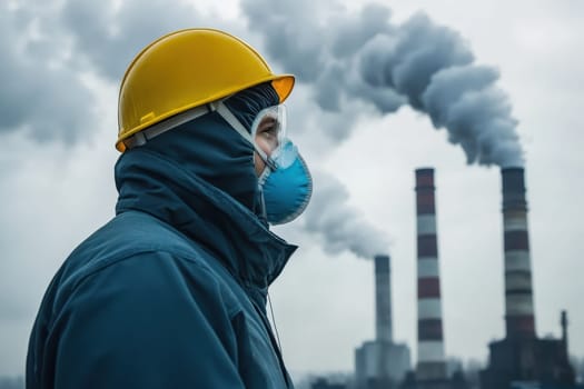 A factory worker wearing protective gear stands outdoors, observing industrial chimneys emitting smoke. The scene highlights safety and environmental concerns in a manufacturing setting.