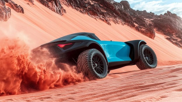 Powerful blue suv car speeding through the desert, leaving a dramatic cloud of sand in its wake, showcasing the thrill of off road adventure