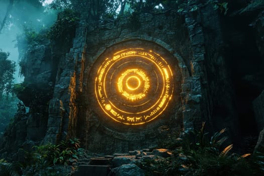 Explore the mysterious ancient ruins featuring a glowing cosmic symbol. Surrounded by lush greenery, this captivating scene evokes wonder and intrigue, inviting exploration of hidden secrets.