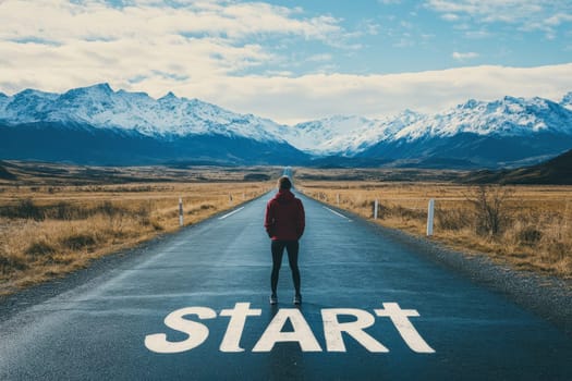 A person stands at the beginning of a long road marked with the word START. Majestic snow-capped mountains rise in the background, creating a breathtaking landscape perfect for exploration and reflection.