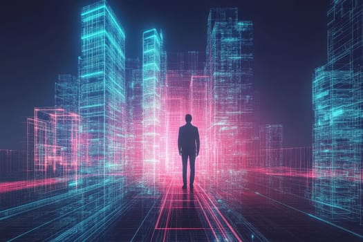 This vibrant digital art piece depicts a neon wireframe cityscape with a silhouette of a startup founder, symbolizing innovation and entrepreneurship in a futuristic urban setting.