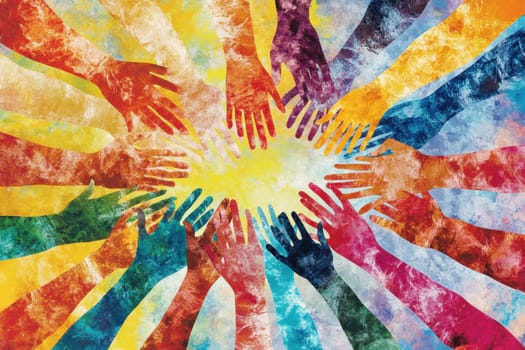 Vibrant image depicting a multitude of hands symbolizing teamwork and collaboration. Colors radiate from the center, enhancing the message of unity and support.