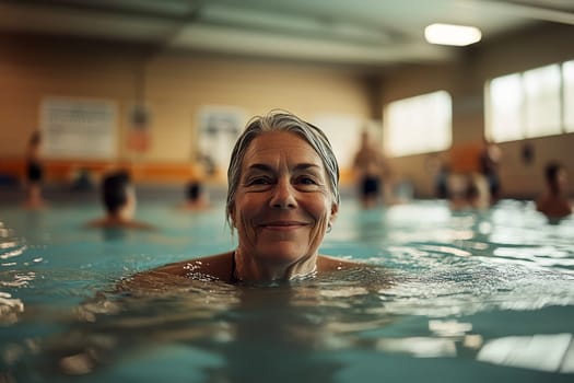 Senior woman is enjoying water aerobics with a big smile at the swimming pool. generative ai.