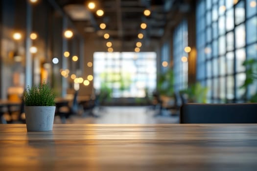 A blurred background of an empty, contemporary office space sets scene for a professional environment with clean lines and modern design..