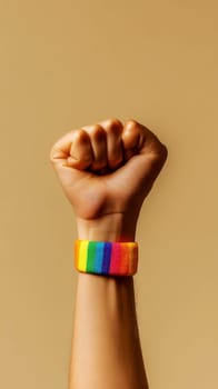 A single clenched fist Raised fist with LGBT flag bracelet, isolated on background, activism, solidarity, equality, pride. High quality illustration