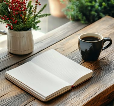 goals list with notebook, coffee cup, plant on wooden table. Resolutions, plan, goals, action, checklist, idea concept..
