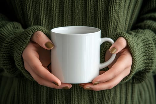 a beauty woman wearing a green sweater holding a plain white mug with both hands. The focus is on the hands and the mug, emphasizing a cozy and warm atmosphere. --ar 3:2 --v 6.1 Job ID: 4def722b-a618-4139-a4c2-b810b3d37f6f