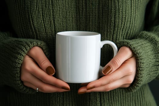 Woman Wearing sweater Holding a Blank White Mug , Mug Mockup Photography..