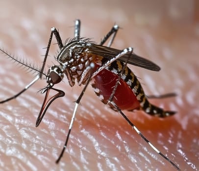 Mosquito with full of human blood in their body on white background, close up, dangerous zica virus aedes aegypti mosquito..