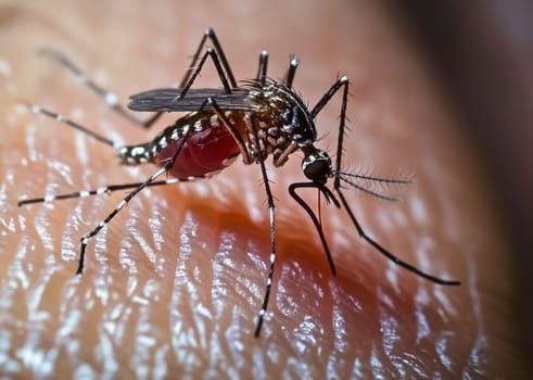 Zica virus aedes close up aegypti mosquito on human skin - Dengue, Chikungunya, Mayaro, Yellow fever --v 6.1 Job ID: 5de6c2cd-1ad8-4f92-90ce-24ee33cdc5f5
