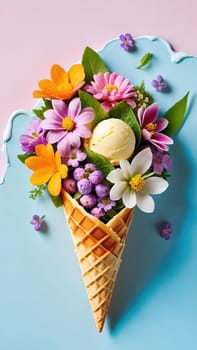 Spring Delight Description.A whimsical waffle cone brimming with the beauty of spring. Colorful flowers and lush greenery nestle inside a creamy, pastel-colored scoop of ice cream, blending nature and sweetness in a perfect springtime treat.