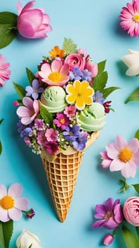 Spring Delight Description.A whimsical waffle cone brimming with the beauty of spring. Colorful flowers and lush greenery nestle inside a creamy, pastel-colored scoop of ice cream, blending nature and sweetness in a perfect springtime treat.