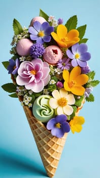 Spring Delight Description.A whimsical waffle cone brimming with the beauty of spring. Colorful flowers and lush greenery nestle inside a creamy, pastel-colored scoop of ice cream, blending nature and sweetness in a perfect springtime treat.