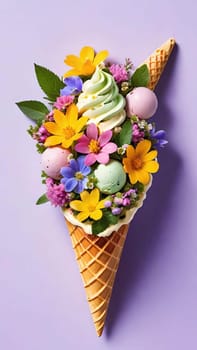 Spring Delight Description.A whimsical waffle cone brimming with the beauty of spring. Colorful flowers and lush greenery nestle inside a creamy, pastel-colored scoop of ice cream, blending nature and sweetness in a perfect springtime treat.
