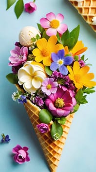 Spring Delight Description.A whimsical waffle cone brimming with the beauty of spring. Colorful flowers and lush greenery nestle inside a creamy, pastel-colored scoop of ice cream, blending nature and sweetness in a perfect springtime treat.