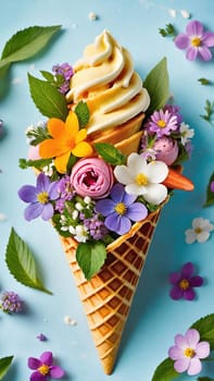 Spring Delight Description.A whimsical waffle cone brimming with the beauty of spring. Colorful flowers and lush greenery nestle inside a creamy, pastel-colored scoop of ice cream, blending nature and sweetness in a perfect springtime treat.