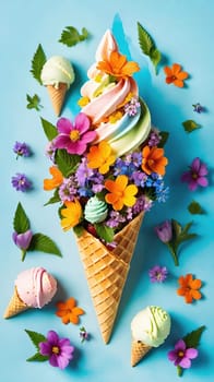 Spring Delight Description.A whimsical waffle cone brimming with the beauty of spring. Colorful flowers and lush greenery nestle inside a creamy, pastel-colored scoop of ice cream, blending nature and sweetness in a perfect springtime treat.