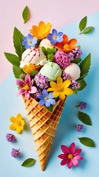 Spring Delight Description.A whimsical waffle cone brimming with the beauty of spring. Colorful flowers and lush greenery nestle inside a creamy, pastel-colored scoop of ice cream, blending nature and sweetness in a perfect springtime treat.