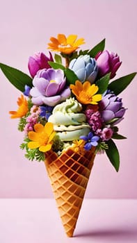 Spring Delight Description.A whimsical waffle cone brimming with the beauty of spring. Colorful flowers and lush greenery nestle inside a creamy, pastel-colored scoop of ice cream, blending nature and sweetness in a perfect springtime treat.