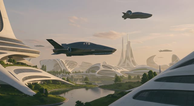 A city landscape showcases advanced architecture and technology. A river flows through, while flying cars glide above, representing future city and transport concepts or eco-friendly design ideas