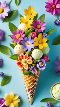 Spring Delight Description.A whimsical waffle cone brimming with the beauty of spring. Colorful flowers and lush greenery nestle inside a creamy, pastel-colored scoop of ice cream, blending nature and sweetness in a perfect springtime treat.
