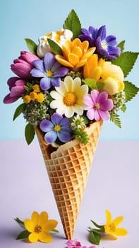 Spring Delight Description.A whimsical waffle cone brimming with the beauty of spring. Colorful flowers and lush greenery nestle inside a creamy, pastel-colored scoop of ice cream, blending nature and sweetness in a perfect springtime treat.