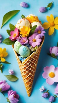 Spring Delight Description.A whimsical waffle cone brimming with the beauty of spring. Colorful flowers and lush greenery nestle inside a creamy, pastel-colored scoop of ice cream, blending nature and sweetness in a perfect springtime treat.