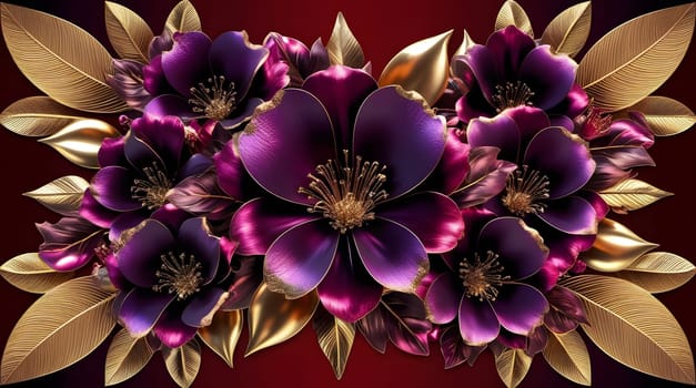 Luxurious floral composition symmetrical arrangement of stylized purple flowers with metallic sheen and gold edges on deep red background. Ideal for greeting cards, packaging, branding projects.