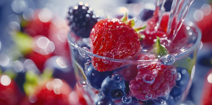 Blueberries and raspberries splashing into crystal clear water with air bubbles. Generative AI image