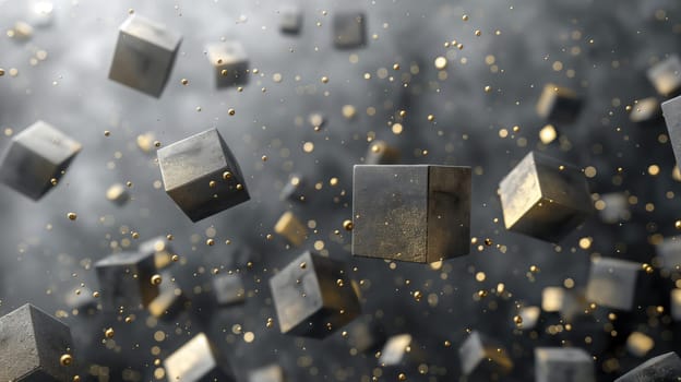 Hi-tech futuristic background with grey golden cubes and dots. Generative AI design