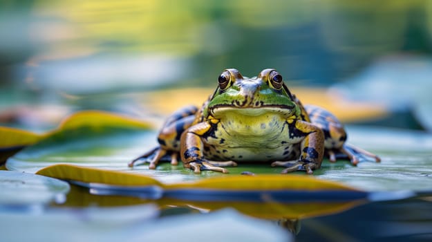 A green frog sits peacefully on vibrant lily pads, surrounded by water, as sunlight highlights its colorful patterns in a serene pond - Generative AI