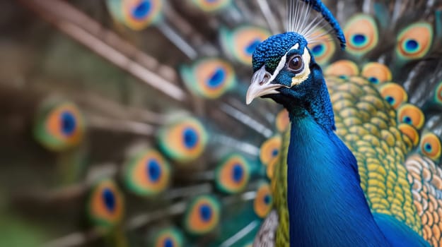 A vibrant peacock shows off its dazzling feathers in a serene garden setting, illuminated by soft sunlight. Its striking colors captivate onlookers - Generative AI