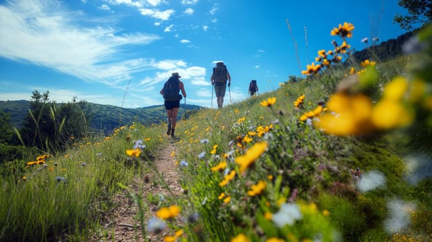 Three hikers traverse a winding dirt path lined with colorful wildflowers under a clear blue sky, enjoying nature on a sunny day - Generative AI
